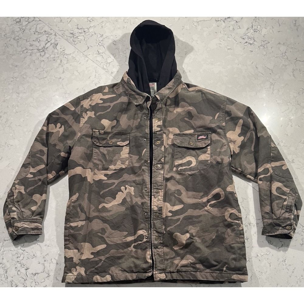 Dickies Hooded Quilted Shirt Jacket Mens XL Camo Duck Workwear Coat 7052CT